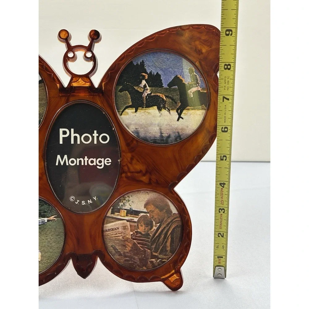 Vintage Butterfly Lucite Photo Frame Amber Acrylic 5 Opening MCM Retro Decor